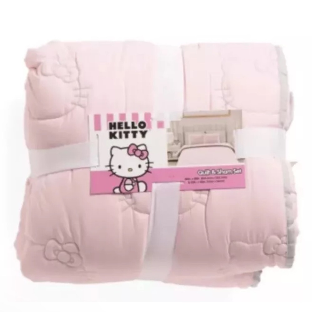 HELLO KITTY Pink Quilt & Sham TWIN Bedding In Ribbon Bedroom Sanrio 66"x 88, NEW